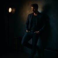 Moody studio portrait of a man in open denim jacket and dark jeans, seated on a low bench, strong posture, low-key light