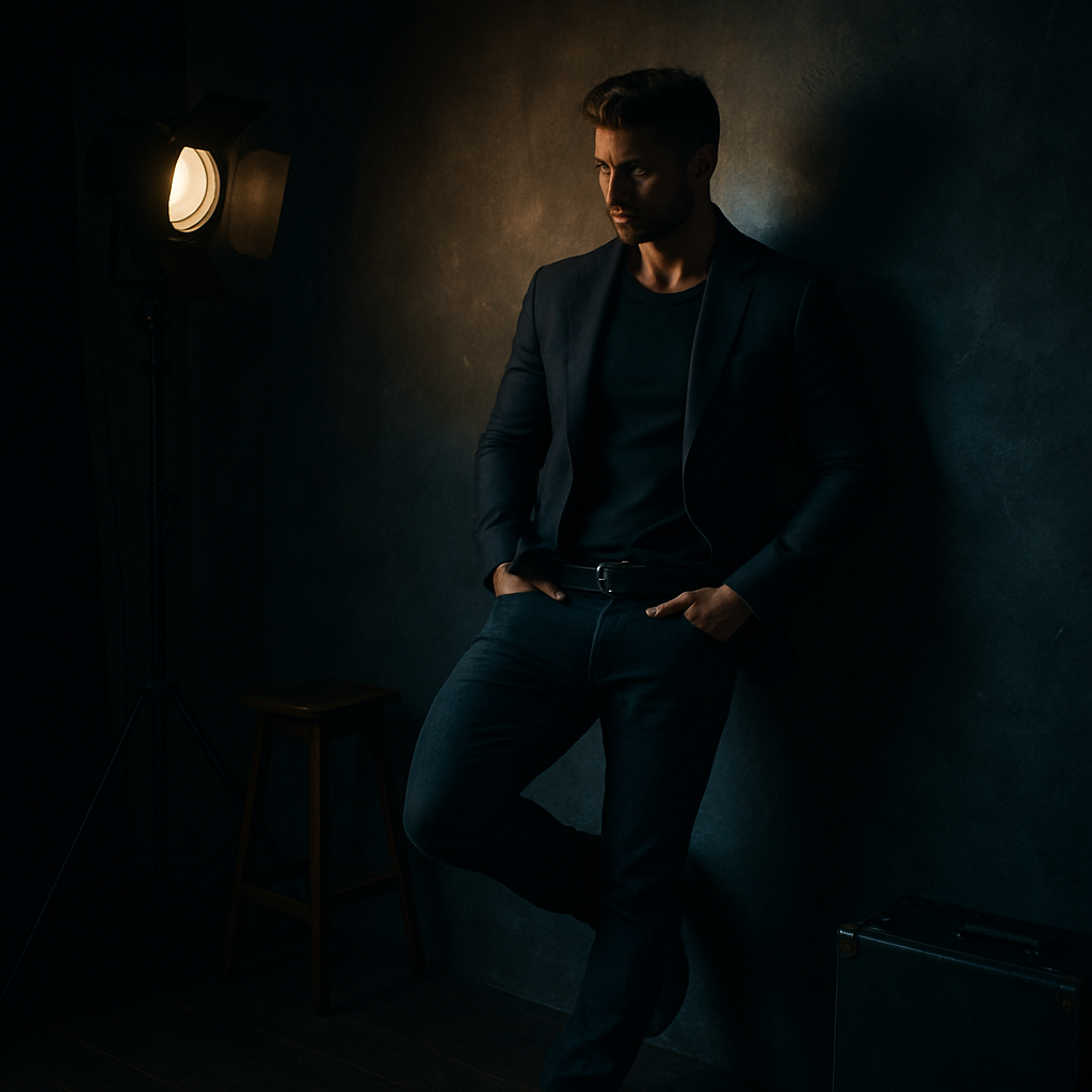 Moody studio portrait of a man in open denim jacket and dark jeans, seated on a low bench, strong posture, low-key light