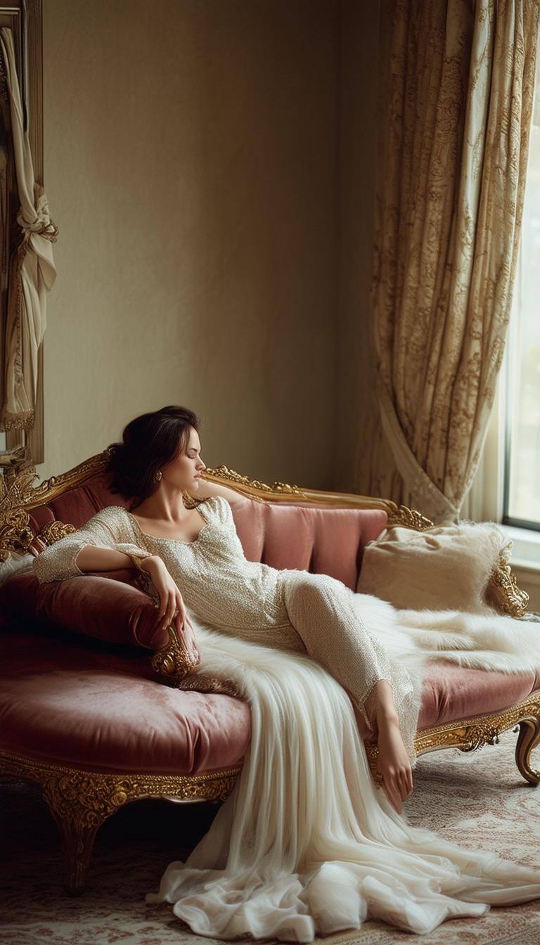 Woman sitting gracefully on a luxurious velvet couch, wearing elegant lingerie, exuding confidence and sophistication.