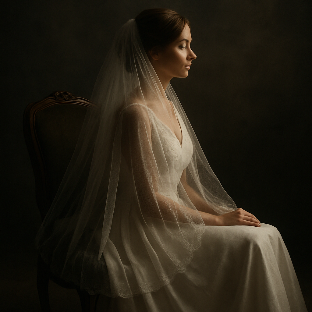 Bridal boudoir—veil draped over shoulders in moody light, soft elegant pose.”