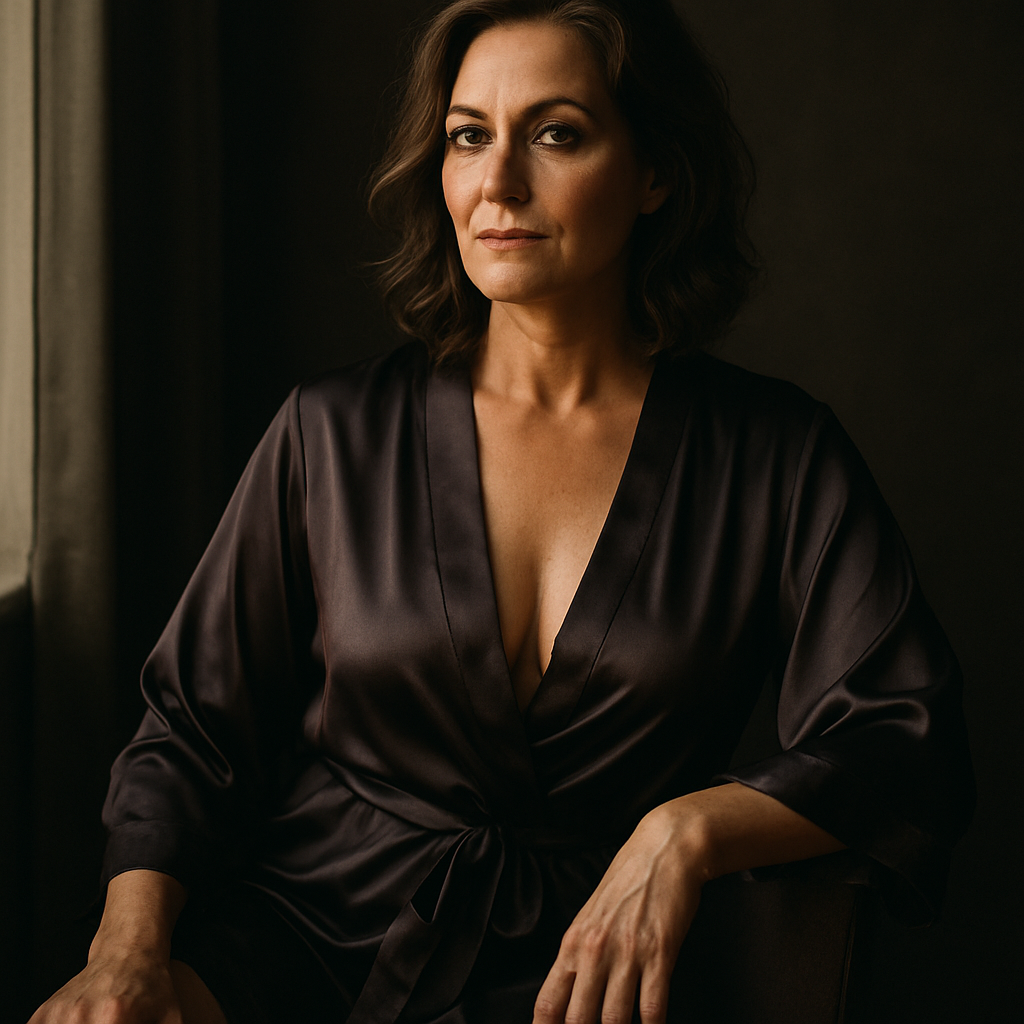 Women’s boudoir over 40—silk robe, moody side light, confident posture.